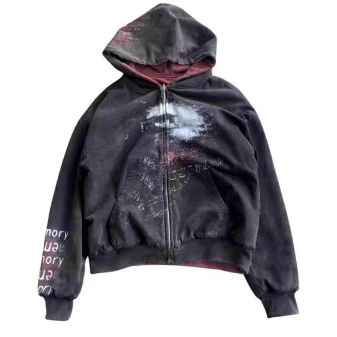 Unisex nan Hooded jacket with continuous zipper, used effect, double-layer hood and sleeve print Mune Fashion