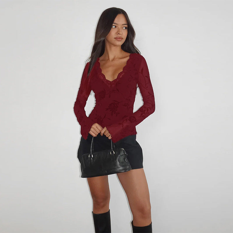 Women's Tailored Long Sleeve Shirt with V-Neck and Lace Trim Mune Fashion