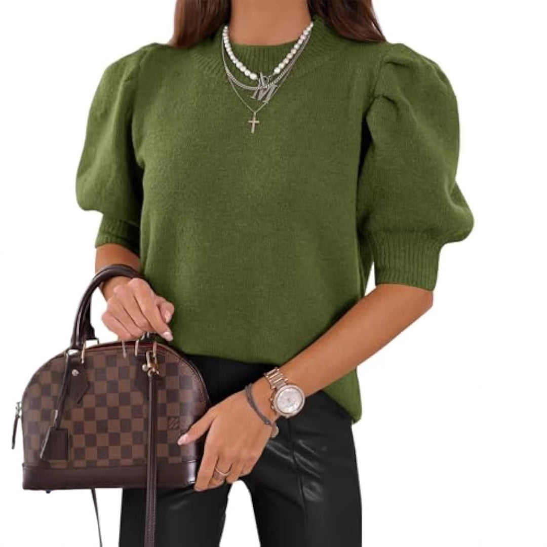 Women's short-cut fine knit sweater with puff sleeves and ribbed cuffs Drune