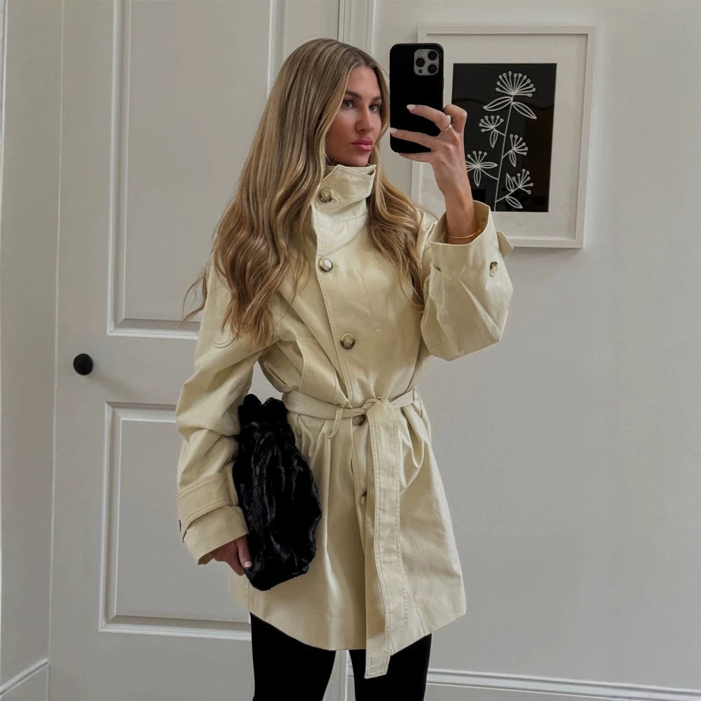 Women Short Wind and Transitional Coat with High Standing Collar and Tie Belt Mune Fashion
