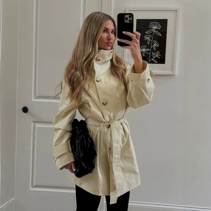 Women Short Wind and Transitional Coat with High Standing Collar and Tie Belt Mune Fashion