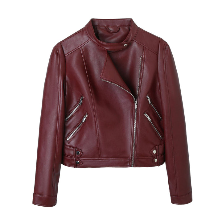 Women's motorcycle biker jacket made of faux leather with stand-up collar, asymmetric zipper, and decorative pleats Mune Fashion