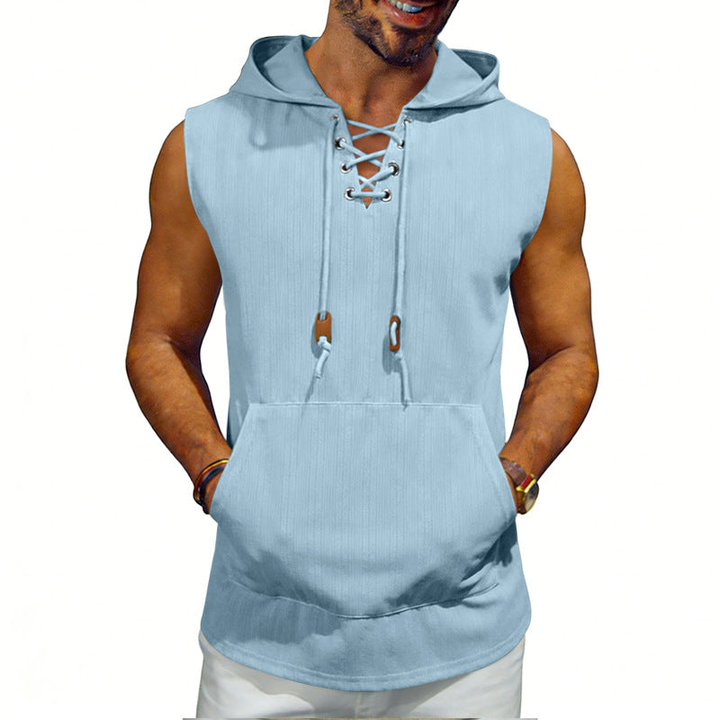 Men's sleeveless hooded vest with lace-up V-neck, kangaroo pocket, and casual fit Mune Fashion