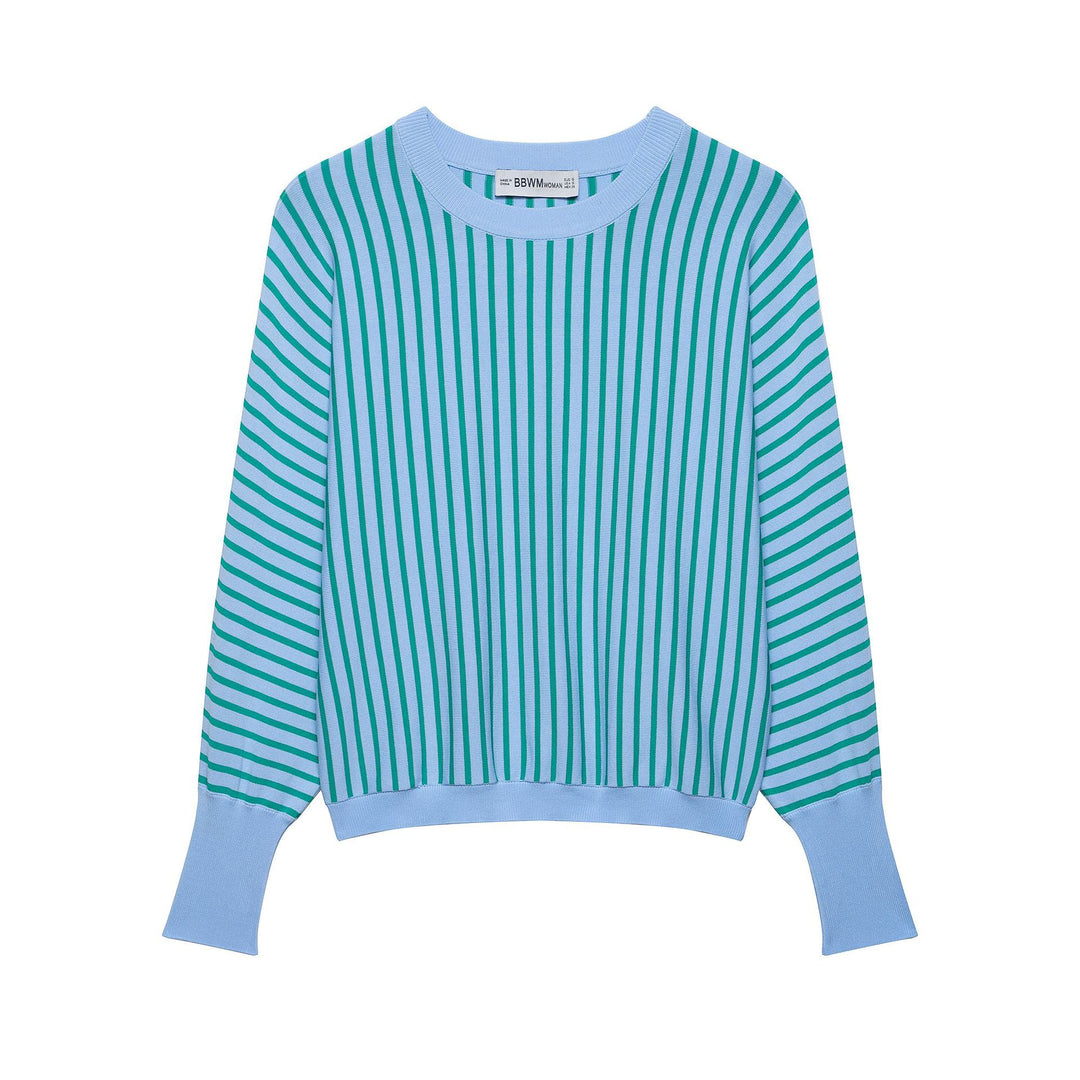 Women's Short-Cut Striped Fine Knit Sweater with Extended Ribbed Sleeves Mune Fashion