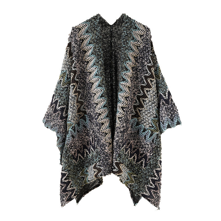 Women's Chunky Knitted Ethno-Ruana-Poncho with Zigzag Jacquard and Open Fall Mune Fashion