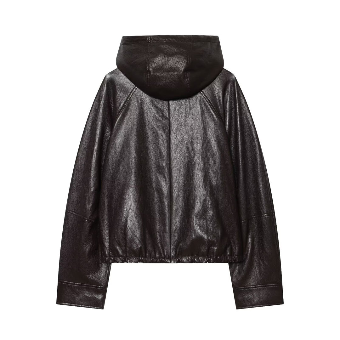 Women's Hooded Leather Bomber Jacket with Zipper, Drawstring and Elastic Hem Mune Fashion