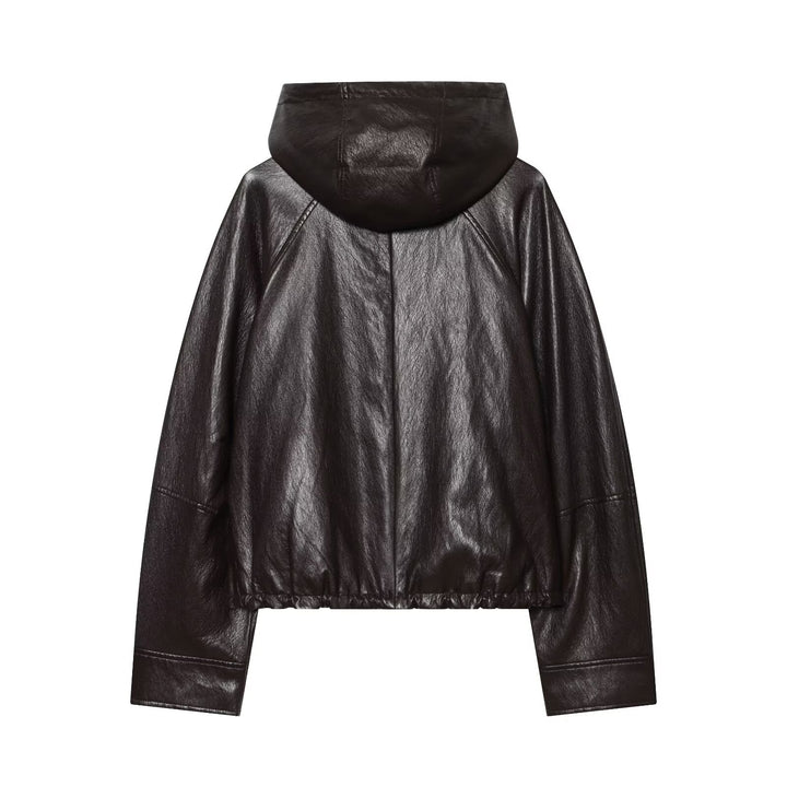 Women's Hooded Leather Bomber Jacket with Zipper, Drawstring and Elastic Hem Mune Fashion