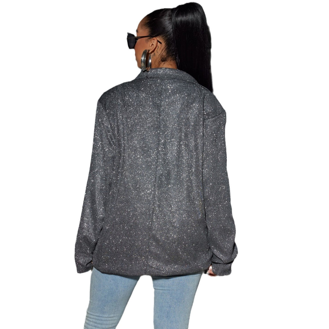 Women Glittering Oversized Blazer with Flap Pockets & Shimmering Texture Mune Fashion