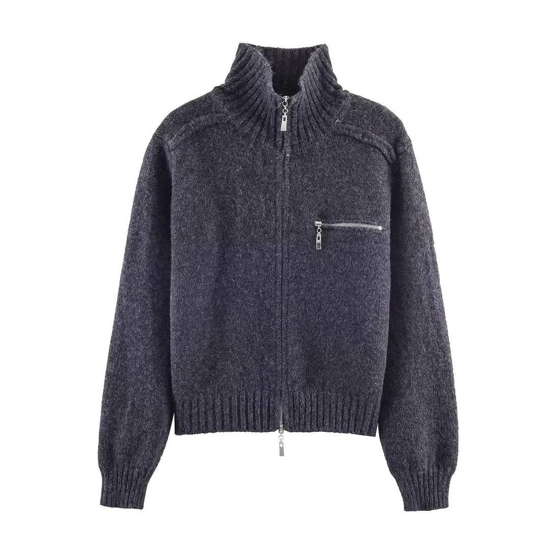 Women's Chunky Knit Zip-Up Cardigan with High Ribbed Collar and Chest Pocket Mune Fashion