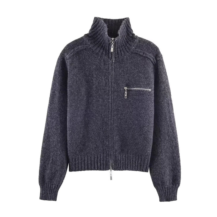 Women's Chunky Knit Zip-Up Cardigan with High Ribbed Collar and Chest Pocket Mune Fashion