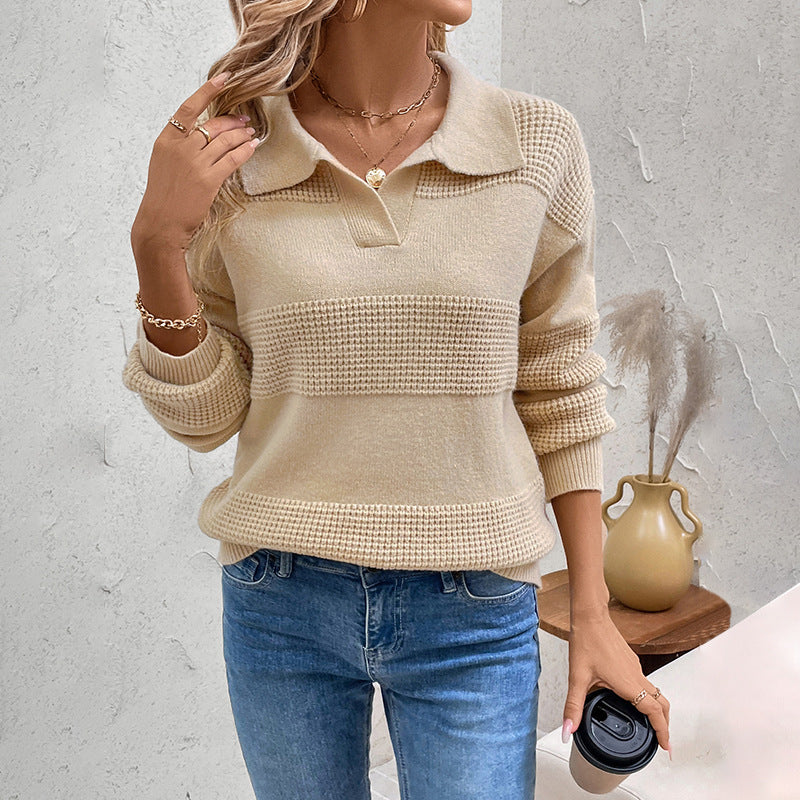 Women's knit sweater with polo collar, structured stripes and relaxed fit Mune Fashion