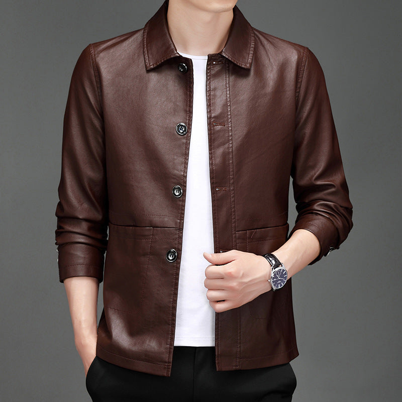 Men's Minimalist Faux Leather Overlay Shirt with Shirt Collar and Patch Pockets Mune Fashion