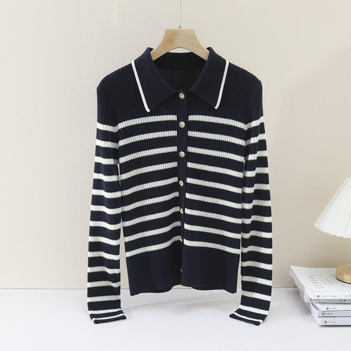 Women’s marine-inspired ribbed knit cardigan with polo collar and decorative button placket Mune Fashion