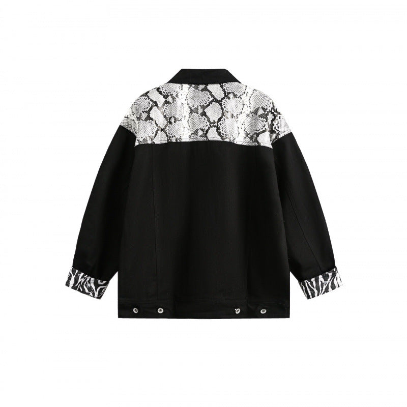 Women's Oversized Denim Jacket in Patchwork Animal Print with Notch Collar and Flap Pockets Mune Fashion