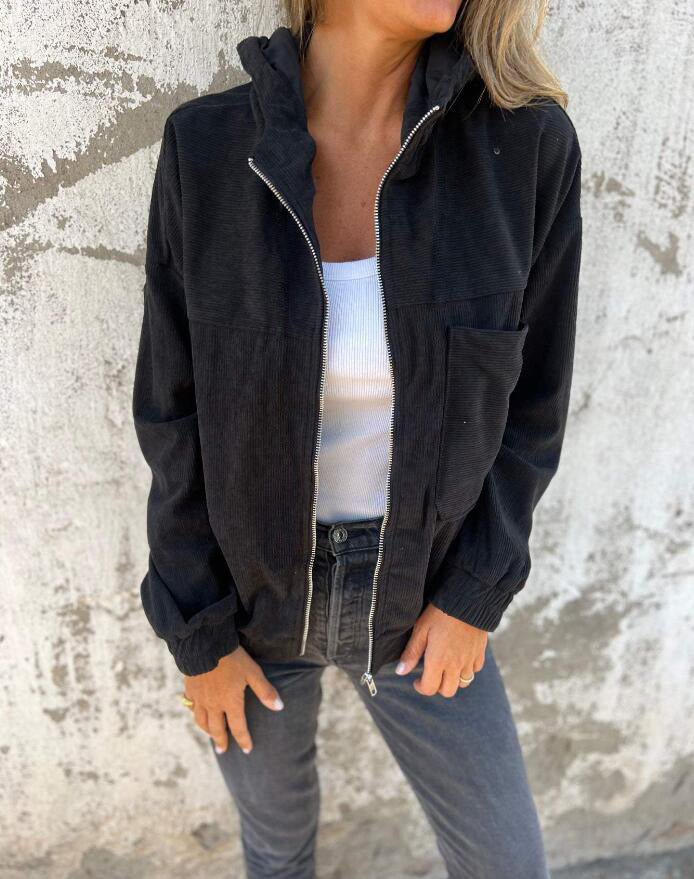 Women's fine corduroy transitional jacket with hood, zipper, elastic cuffs, and side insert pockets Mune Fashion