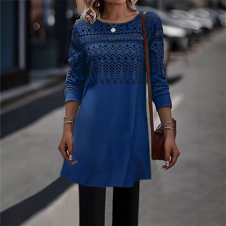 Women Longline Tunic Dress with Ethno Print and Round Neckline Mune Fashion