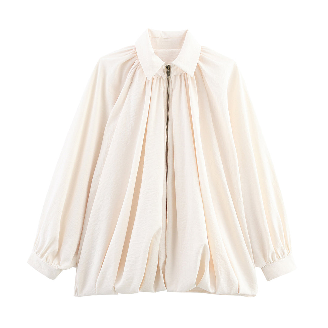 Women's Loose Ruched Blouse Jacket with Zipper and Balloon Sleeves Mune Fashion