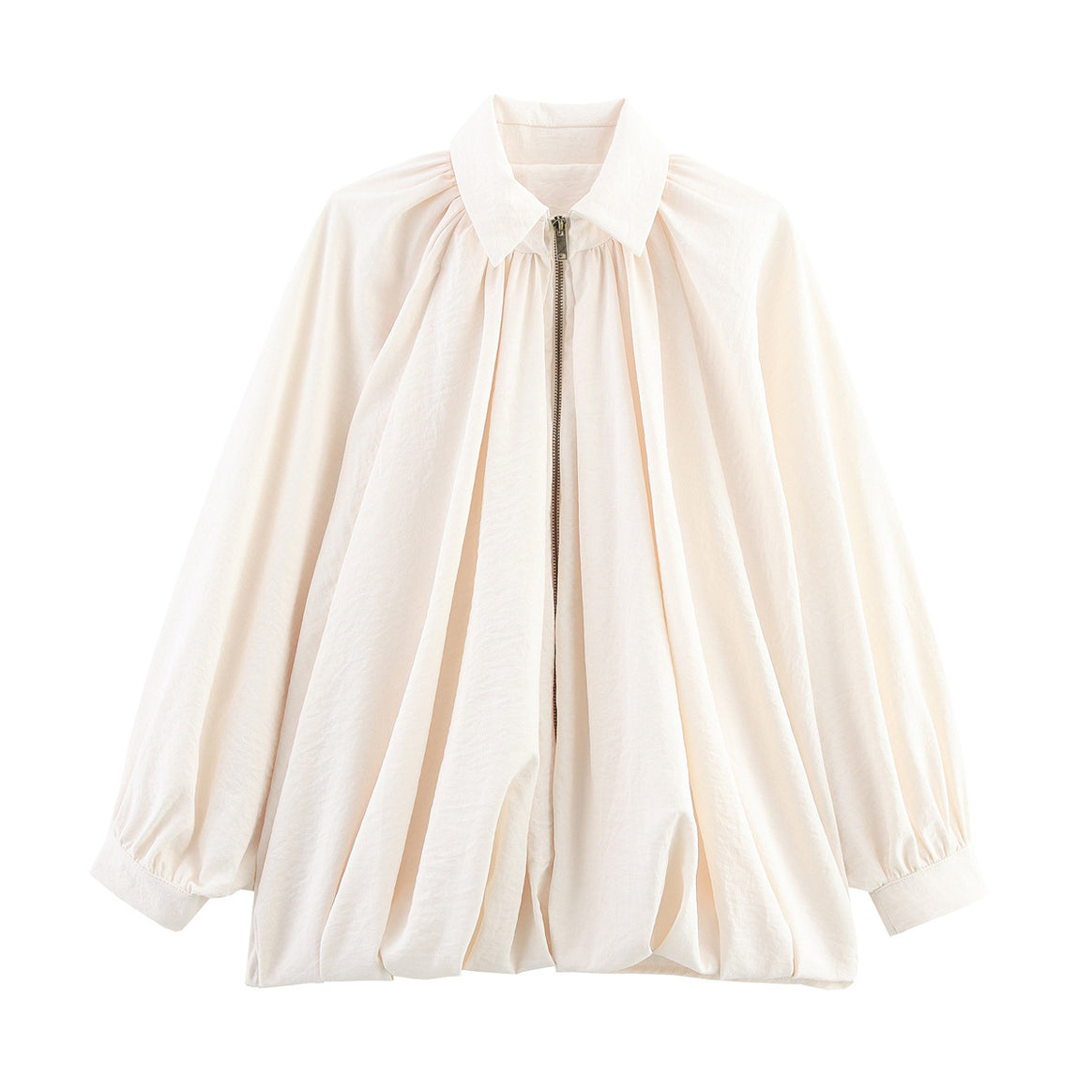 Women's Loose Ruched Blouse Jacket with Zipper and Balloon Sleeves Mune Fashion