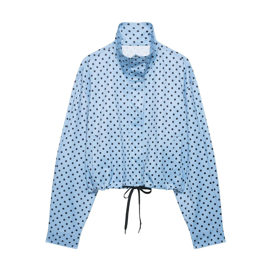 Women's Cropped Transition Jacket with Polka Dot, High Funnel Collar and Drawstring Mune Fashion