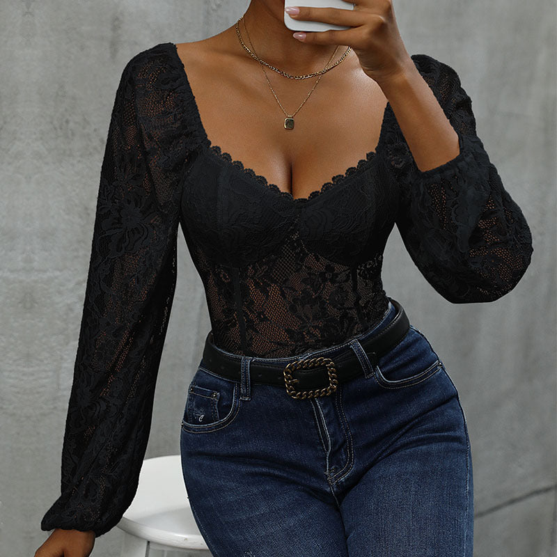 Ladies Lace Corset with Heart Cutout, Integrated Cups and Transparent Puff Sleeves Mune Fashion