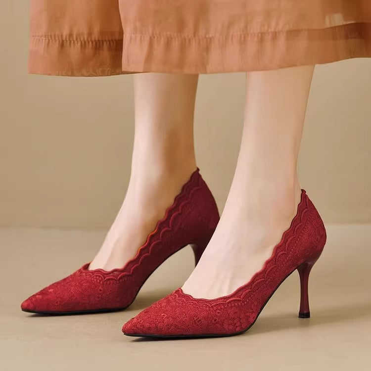 Women's Elegant Lace Pumps with Wavy Edge and Slim Stiletto Heel Mune Fashion