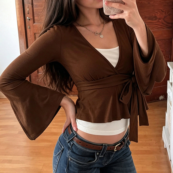 Women's Wrap Peplum Top with Bell Sleeves Mune Fashion