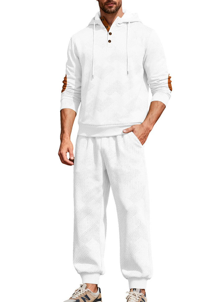 Men's textured hoodie jogging set with Henley button placket and contrast elbow patches Mune Fashion