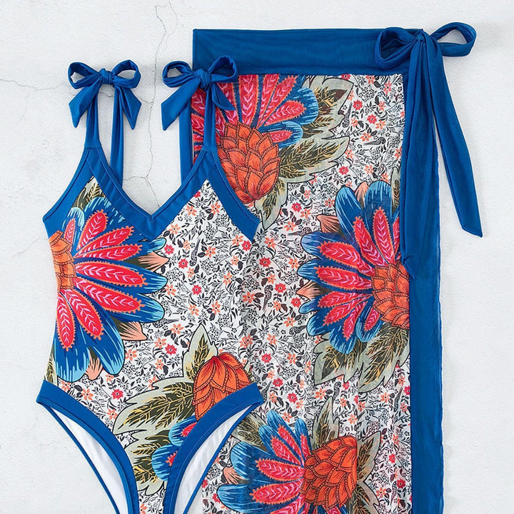 Women Elegant and Comfortable Floral Print Swimsuit with Matching Wrap Skirt Mune Fashion