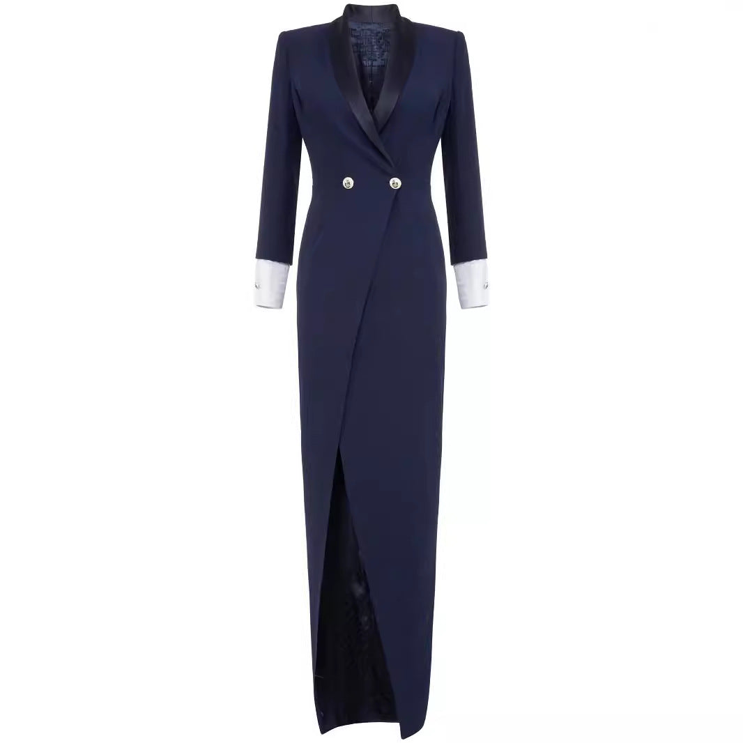 Women's Slim Smoking Blazer Dress in Maxi Length with Satin Lapels and Wrap Look Mune Fashion
