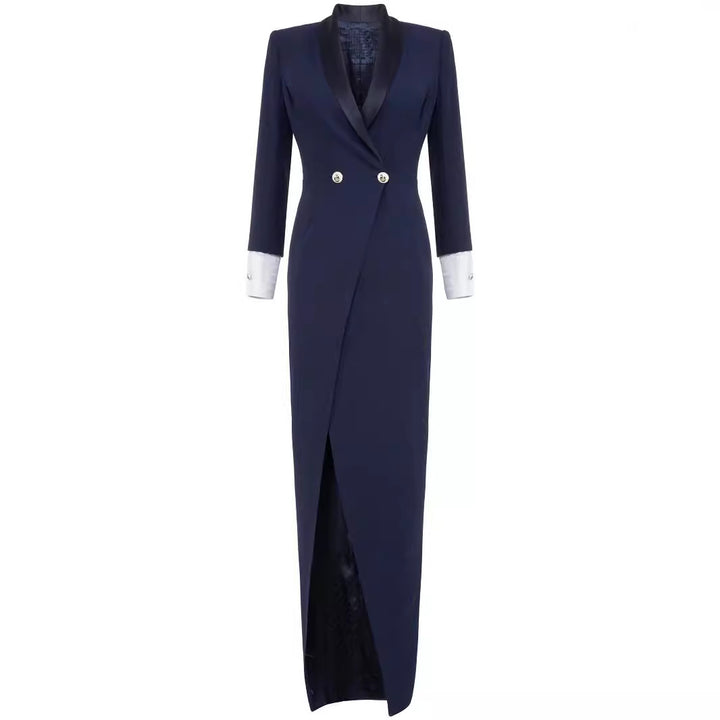 Women's Slim Smoking Blazer Dress in Maxi Length with Satin Lapels and Wrap Look Mune Fashion