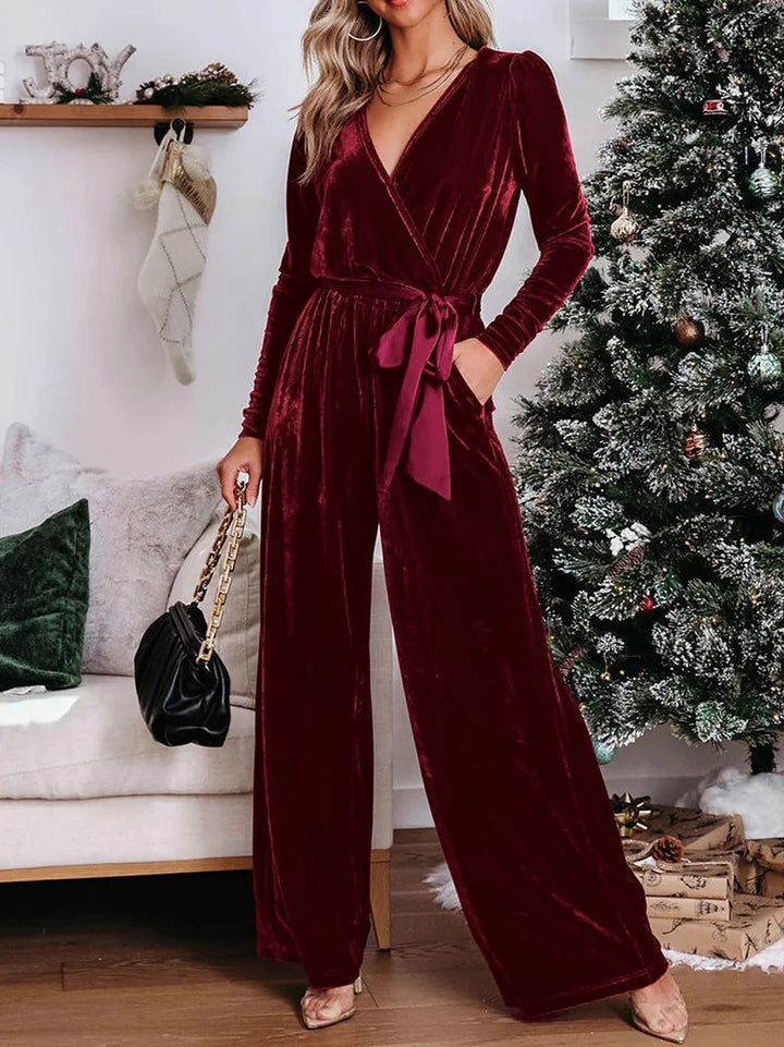Women's Velvet Jumpsuit with Wrap V-Neck, Wide Leg and Waist Belt Drune