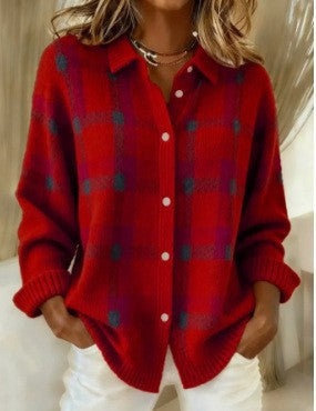 Women's Checked Knit Shirt Jacket Cardigan with Shirt Collar and Ribbed Cuffs Mune Fashion