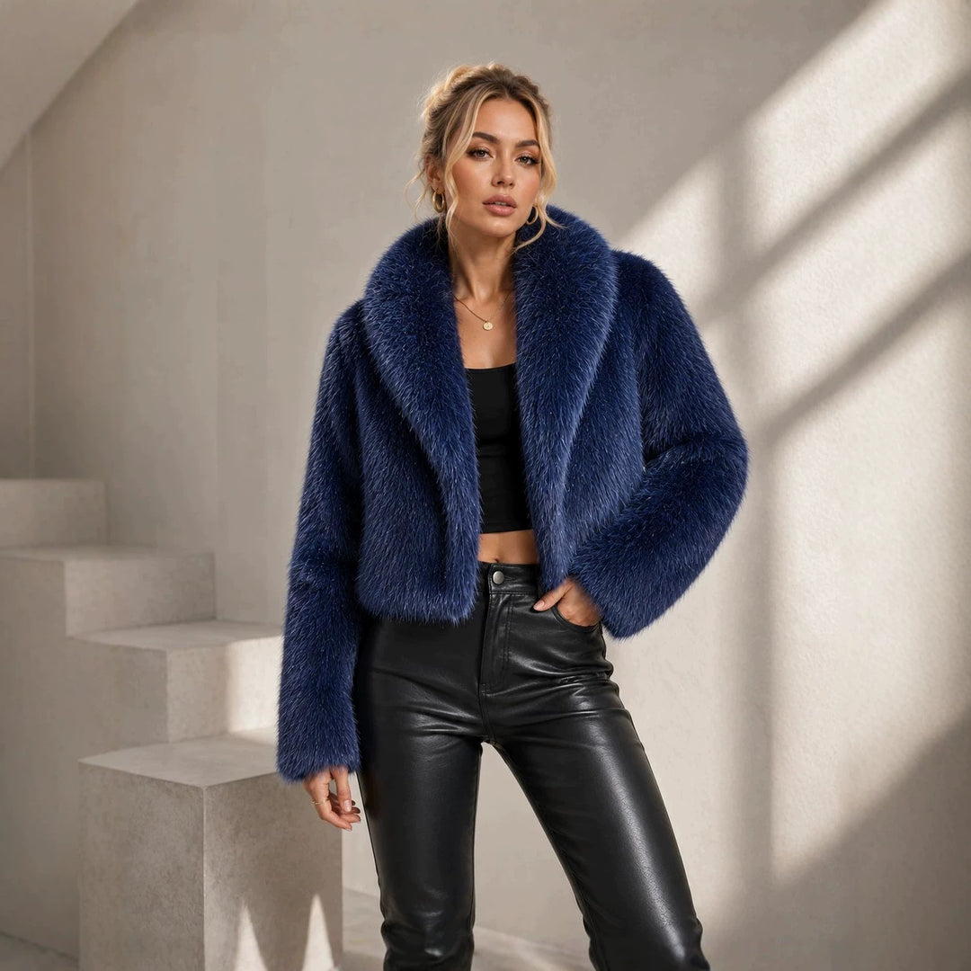 Ladies Cropped Faux Fur Short Jacket with Extra Voluminous Shawl Collar Mune Fashion