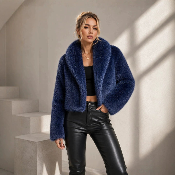 Ladies Cropped Faux Fur Short Jacket with Extra Voluminous Shawl Collar Mune Fashion