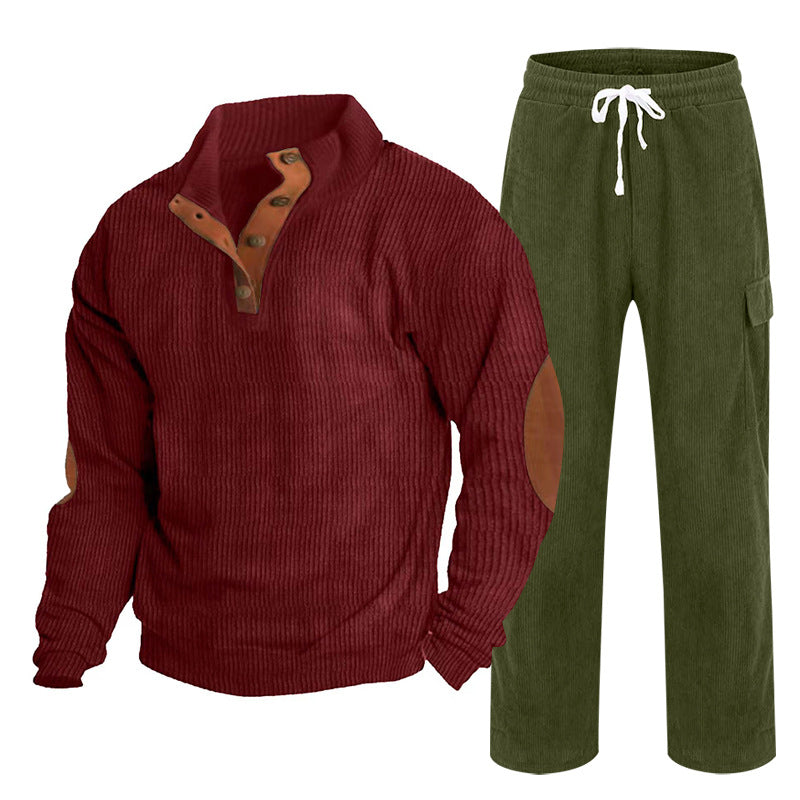 Men's Cozy Leisure Set made of Waffle Knit Henley with Elbow Patch and Relax Cargo Pants Mune Fashion