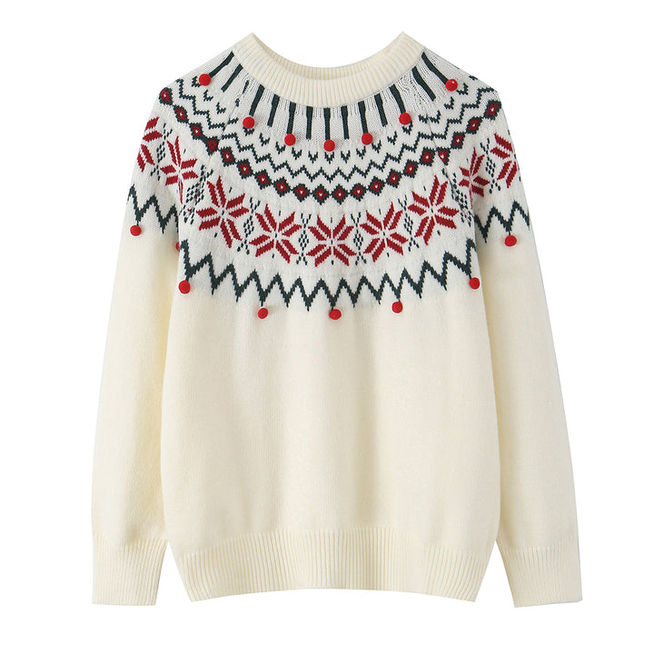 Women’s Norwegian Pattern Knit Sweater with Round Neck and Three-Dimensional Pompons Mune Fashion