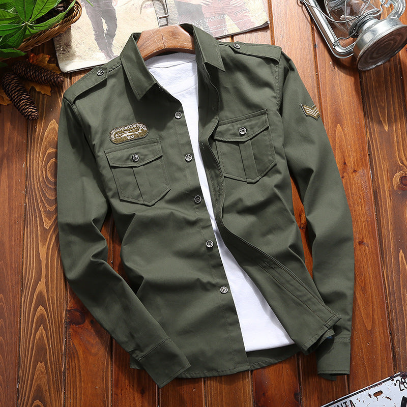 Men's Military-Inspired Utility Shirt Jacket with Epaulettes and Flap Pockets Mune Fashion