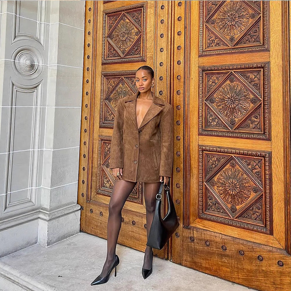 Women Short Suede Blazer Coat with Boxy Oversized Silhouette and Lapel Collar Mune Fashion