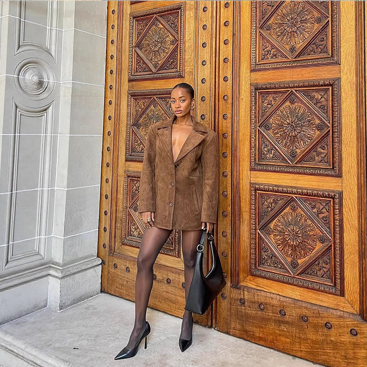 Women Short Suede Blazer Coat with Boxy Oversized Silhouette and Lapel Collar Mune Fashion