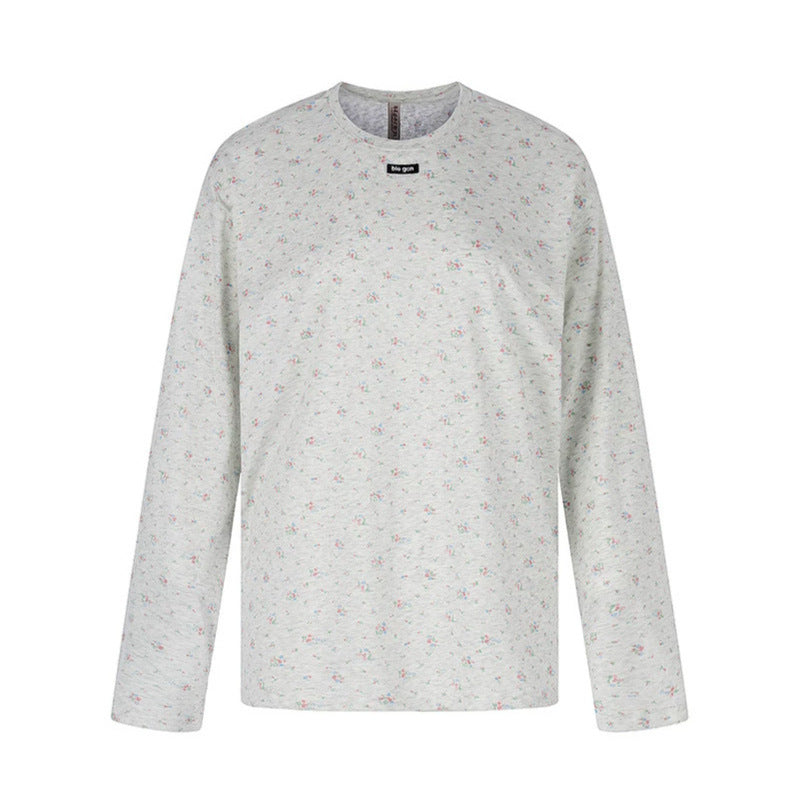 Women's long-sleeve shirt with delicate floral print and round neckline Mune Fashion