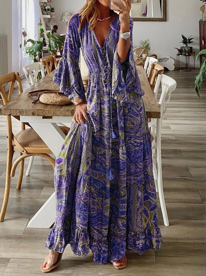 Women's Boho Maxi Dress with Paisley Print, V-Neck, Tiered Skirt and Tie Belt Mune Fashion