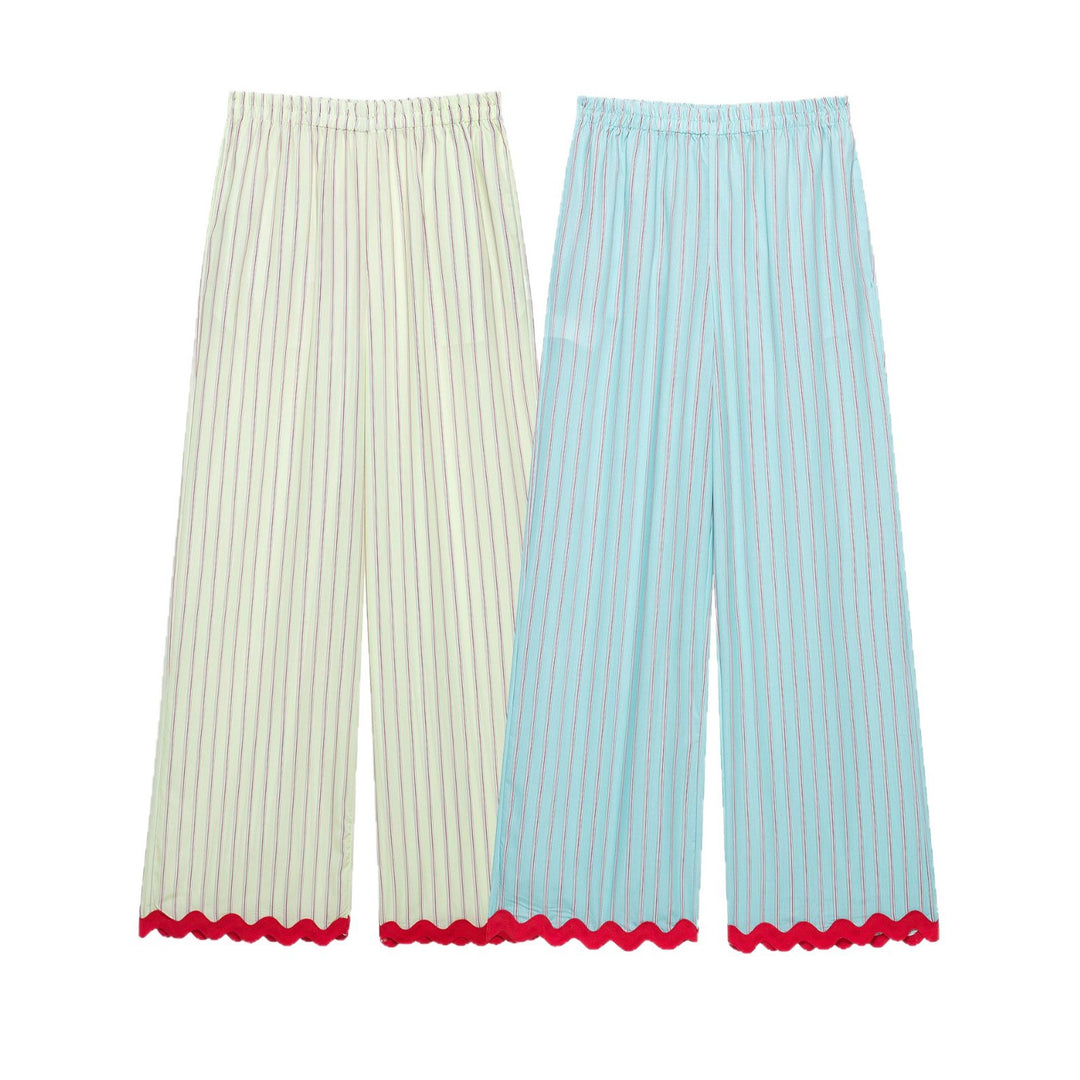 Women's Wide Culotte Pants with Elastic Waistband, Fine Vertical Stripes and Wave Edge Mune Fashion
