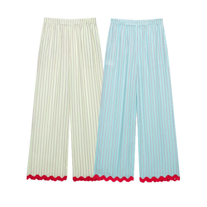 Women's Wide Culotte Pants with Elastic Waistband, Fine Vertical Stripes and Wave Edge Mune Fashion