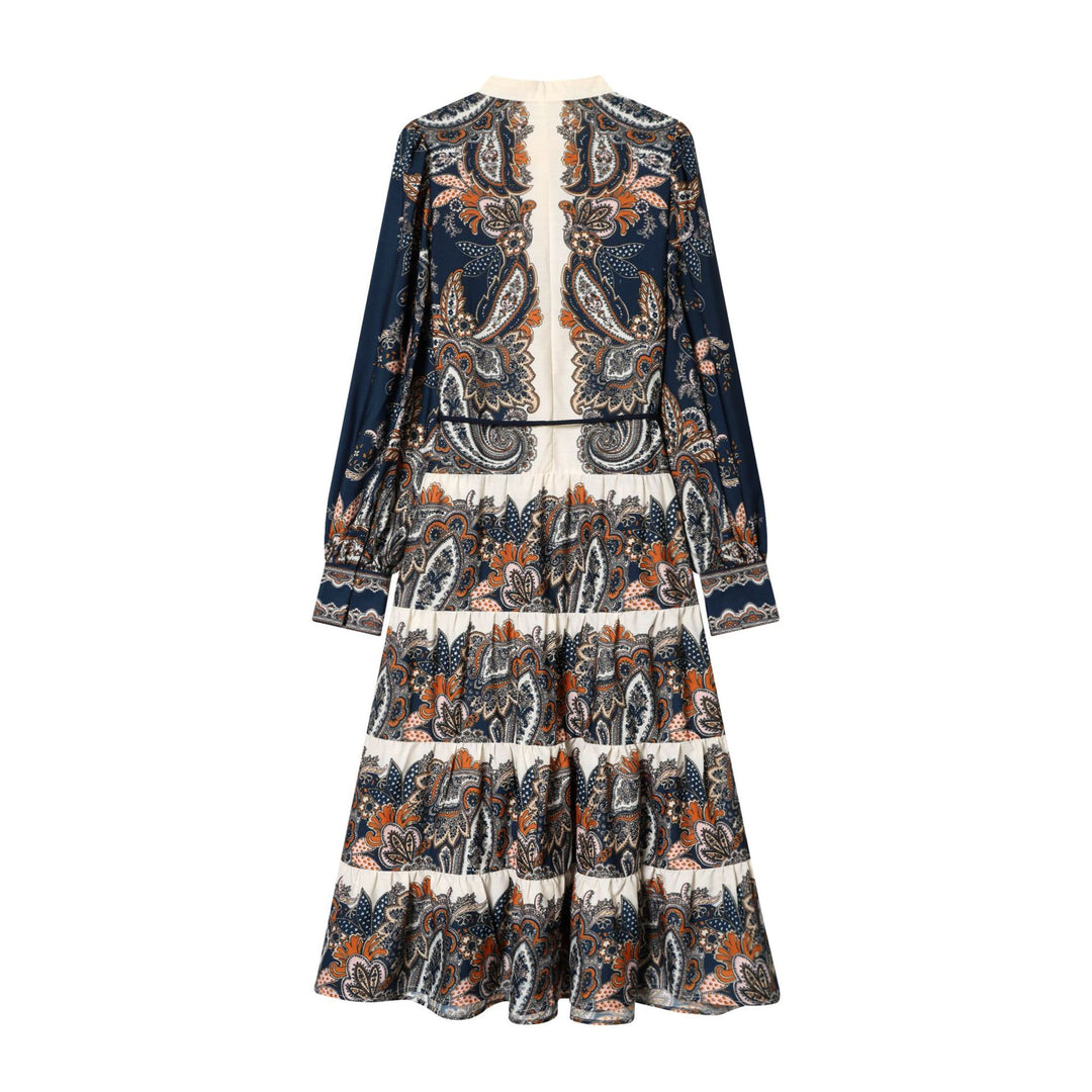 Women’s flowing maxi dress with paisley pattern, waist drawstring, stand-up collar and tiered skirt Mune Fashion