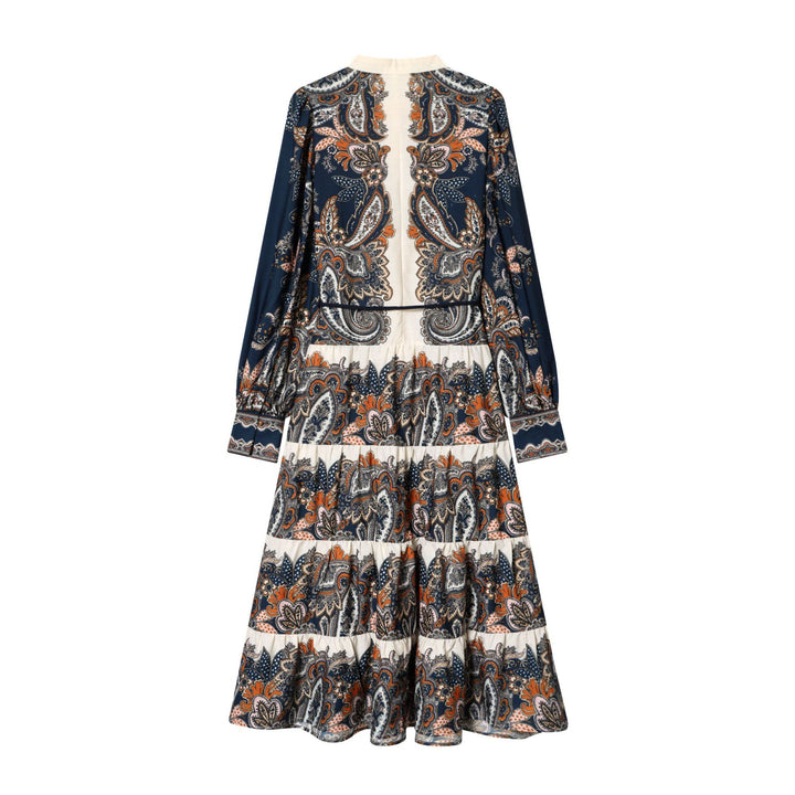 Women’s flowing maxi dress with paisley pattern, waist drawstring, stand-up collar and tiered skirt Mune Fashion