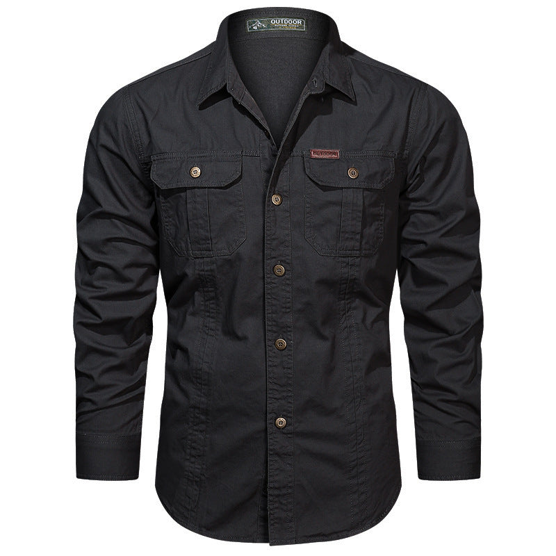 Men's rugged long-sleeve outdoor shirt with double chest pockets and button front