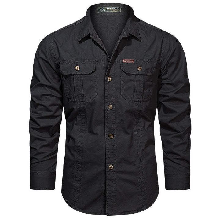Men's rugged long-sleeve outdoor shirt with double chest pockets and button front