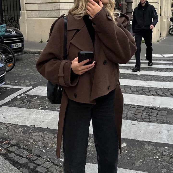 Women Short Wool Coat with Oversized Collar, Double-Breasted Button Placket and Tie Belt Mune Fashion