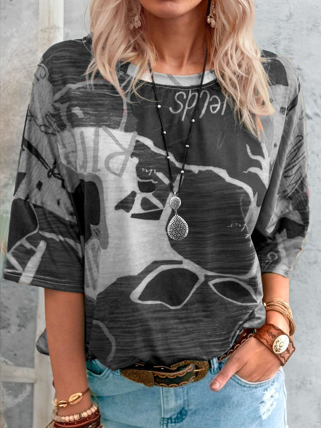 Women's Loose Viscose Print Shirt with Half-Length Sleeves and Round Neck Mune Fashion