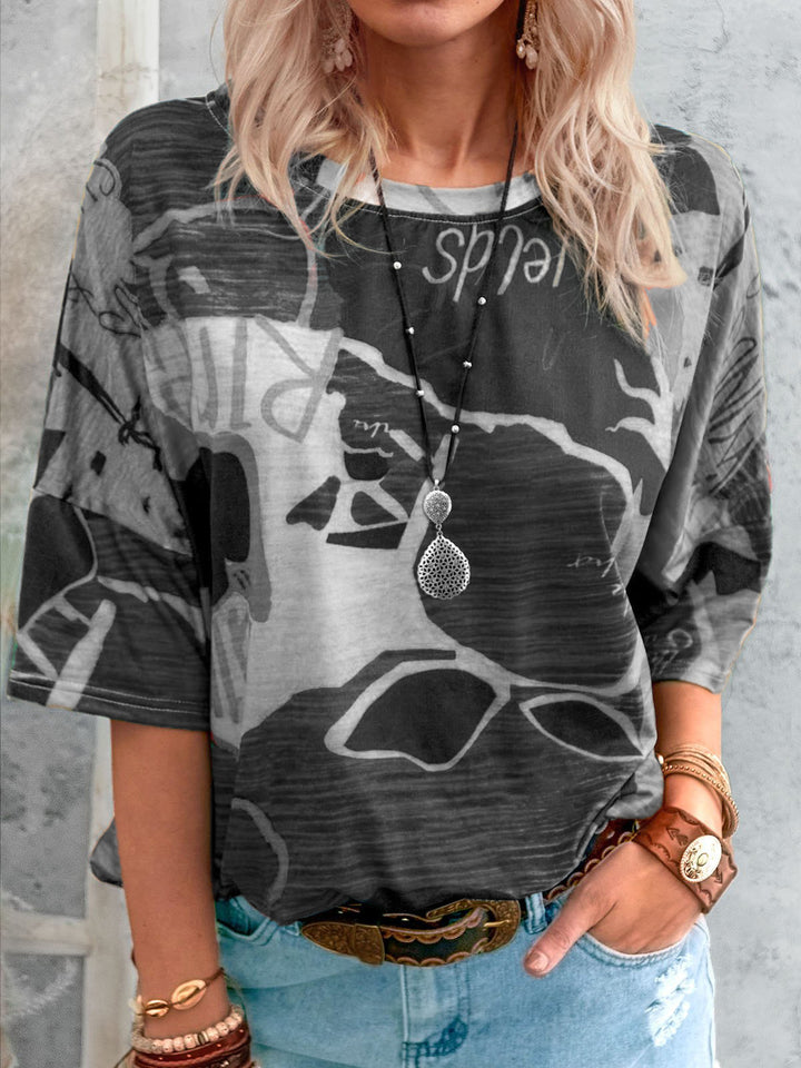 Women's Loose Viscose Print Shirt with Half-Length Sleeves and Round Neck Mune Fashion